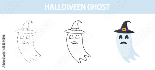 Ghost With Hat tracing and coloring worksheet for kids