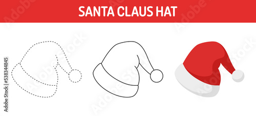 Santa Hat tracing and coloring worksheet for kids