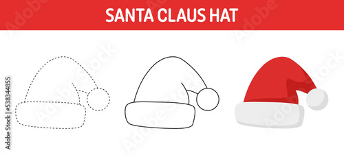 Santa Hat tracing and coloring worksheet for kids