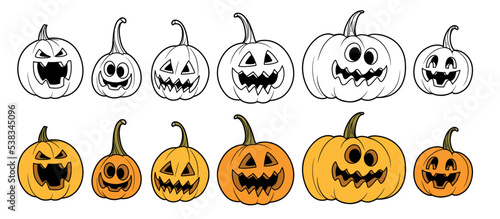 Set of Halloween pumpkins lanterns with the cut out of a grin outline and color variation for coloring page isolated on white