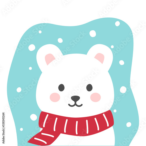 Cute cartoon Bear. Winter character in scarf. Bear in flat cartoon style. Cute winter theme card with christmas Bear. Seasonal vector illustration. 