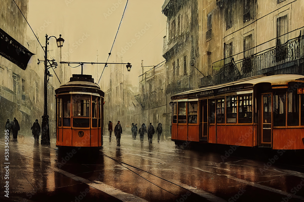 Fototapeta premium AI generated image of a tram in Lisbon city