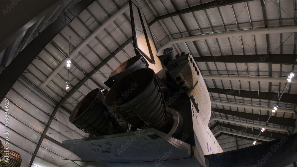 Los Angeles, California, USA, June 20, 2022: NASA's retired space shuttle Endeavour propulsion system on exhibit in the California Science Center's Samuel Oschin Display Pavilion in Los Angeles.