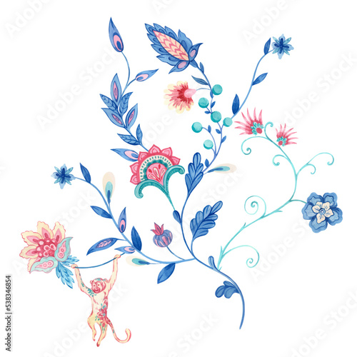 Beautiful vector floral composition with hand drawn watercolor flower elements painted in old traditional turkish arabesque style. Stock clip art illustration.