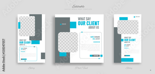 set of modern and creative client testimonial social media post and story design. customer service feedback review social media post or web banner vector template.