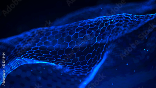 Abstract wave of connected hexagons. Futuristic polygonal background. Artificial intelligence. Big data technology. 3d rendering
