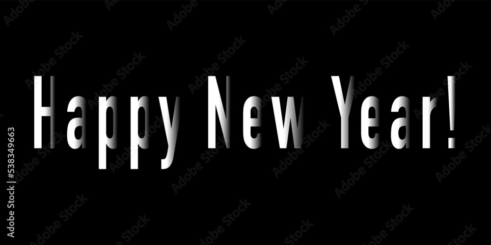 Fototapeta premium Happy New Year white text on black background. Letters are drawing in the background. Simple horizontal banner, poster. Vector illustration.