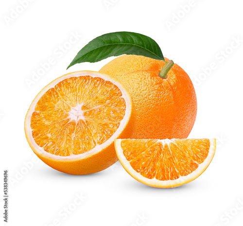 Fresh orange with leaves isolated on transparent background.  .PNG 