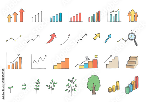 グラフや成長にまつわる手描きイラストセット（カラー）