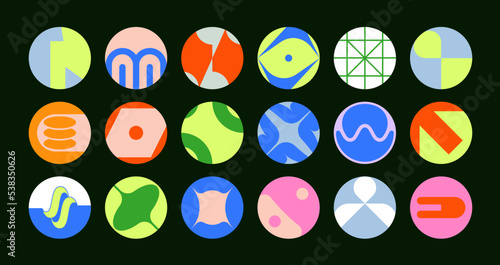 Cover icons for saved stories for social media. Vector set of strict stickers in brutalism style. Abstract geometric shapes 