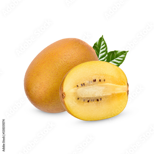 Fresh golden kiwi with leaves isolated on transparent background. (.PNG)
