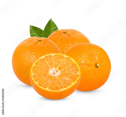 Fresh orange with leaves isolated on transparent background.  .PNG 