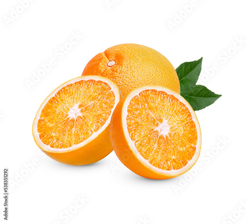 Fresh orange with leaves isolated on transparent background.  .PNG 