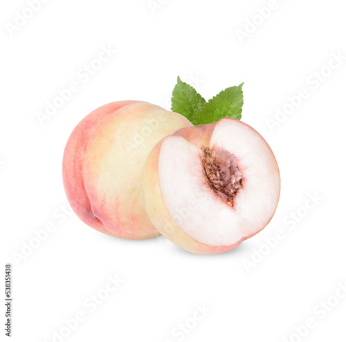 Fresh peach with leaves isolated on transparent background. (.PNG)