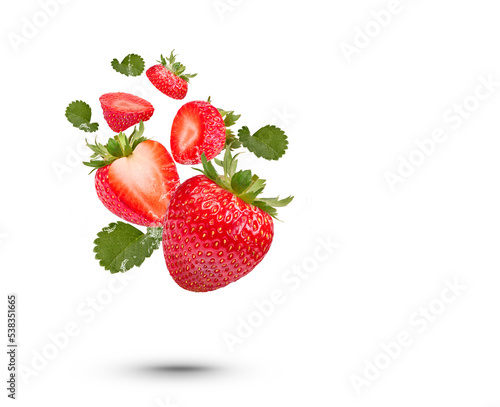 Water Splash On fresh strawberries with leaves Isolated on transparent background (.PNG)
