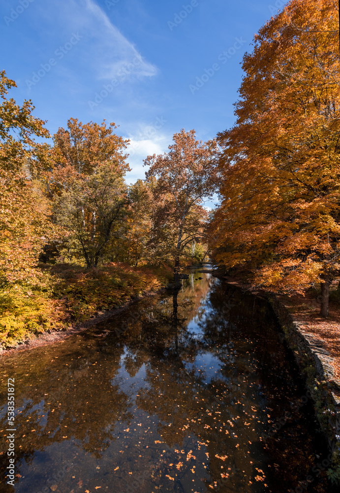 Callicoon Creek, NY, Catskill Mountains, surrounded by brilliant fall foliage on a bright autumn morning