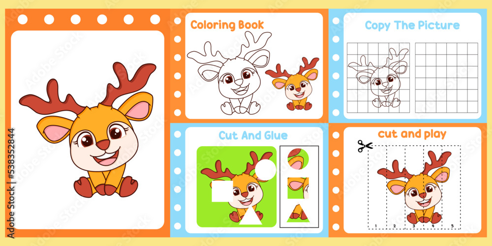 worksheets pack for kids with deer vector. children's study book worksheets pack for kids with deer vector. children's study book
