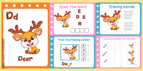 worksheets pack for kids with deer vector. children's study book