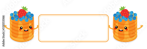 Couple of cute cartoon style pancakes characters holding in hands blank card, banner, board.
