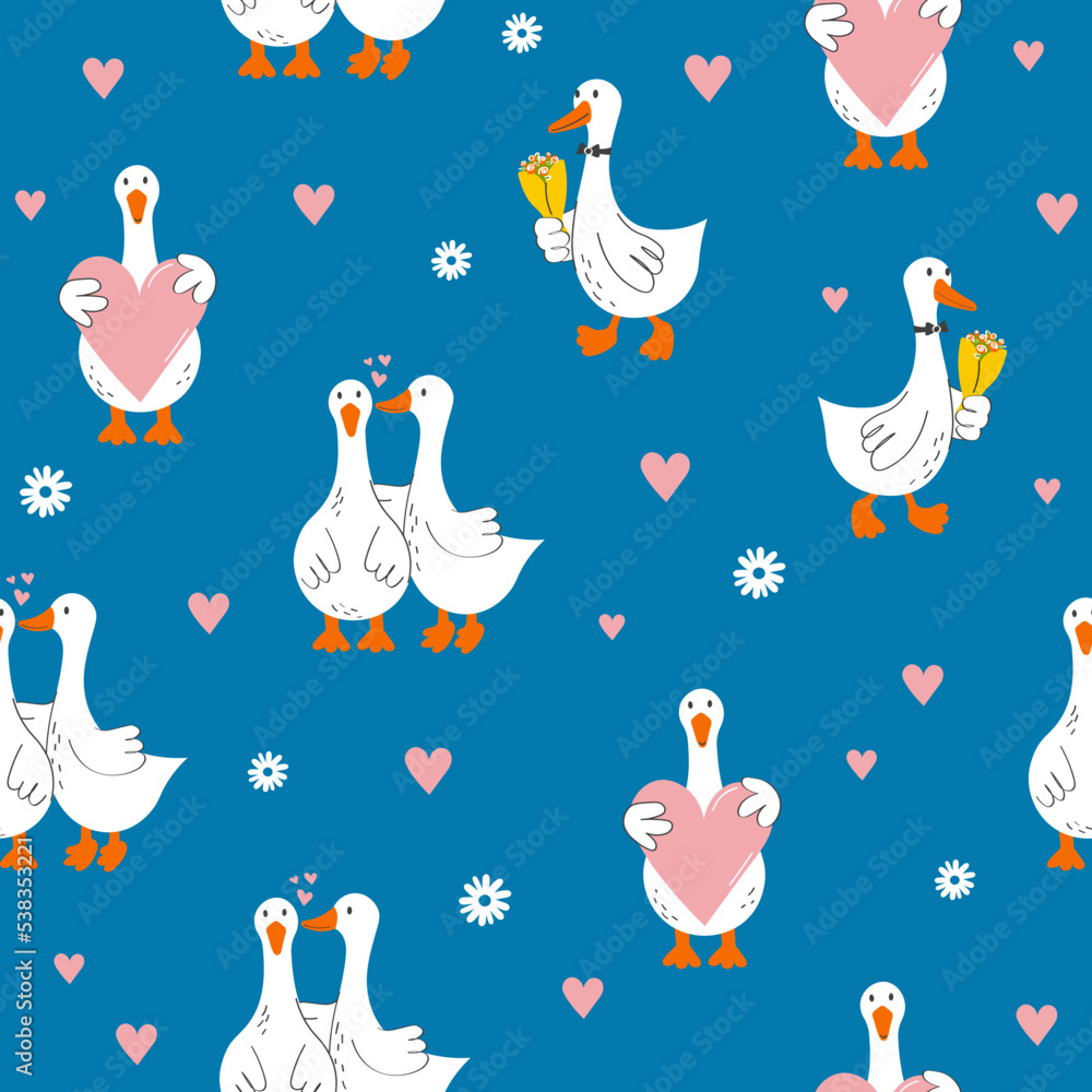 Hand drawn pattern with cute cartoon goose, heart, Illustration in hand drawn style for kids clothing, textiles, children's room design. Vector illustration Seamless pattern. Hand drawn pattern with cute cartoon goose, heart, Illustration in hand drawn style for kids clothing, textiles, children's room design. Vector illustration Seamless pattern.