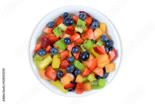 Fresh Cut Fruit Salad in White Bowl on White Background with Clipping Path