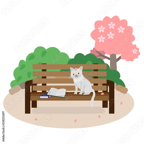 ベンチの上の本と猫　春 © Coyo_Yamaguchi