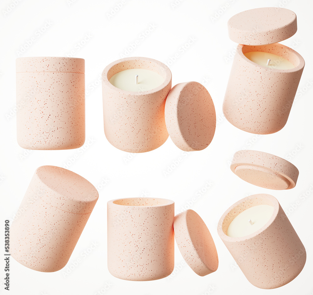 Set of six different views of container candle with cotton wick in beige concrete jar with lid 3D render, luxury gift template, commercial product mock-up Set of six different views of container candle with cotton wick in beige concrete jar with lid 3D render, luxury gift template, commercial product mock-up
