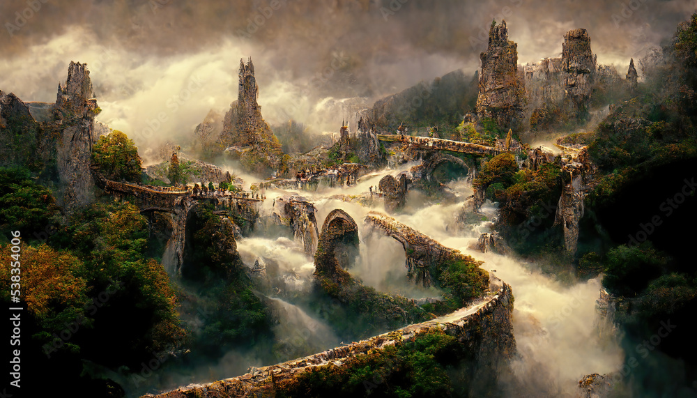 AI generated image of a fantasy Elf city in the forest with trees, plants, stone stairs, arches and waterfalls