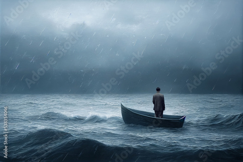 man in a boat on a stormy sea photo