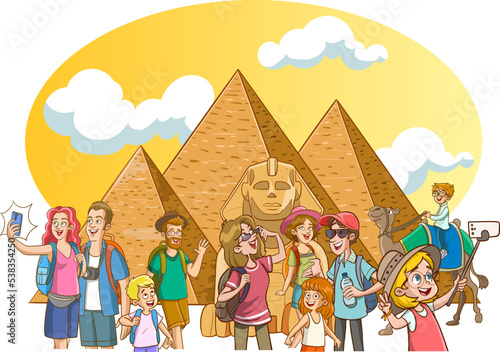 tourists in front of the pyramids in egypt
