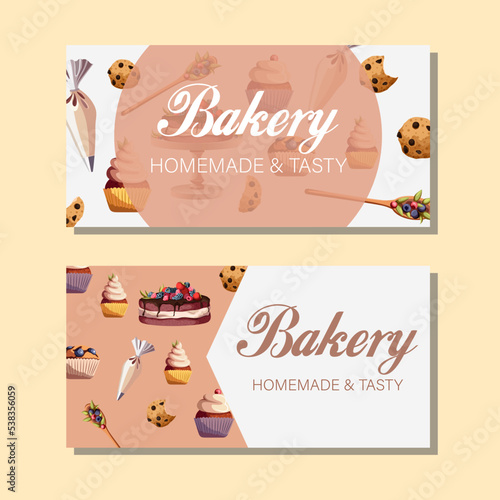 Vector illustration of two templates flyers for bakeries, banners, cards, cafe, design. Flat pastry like cakes, cupcakes, muffins and kitchen utensils isolated on white pink. Ready design.