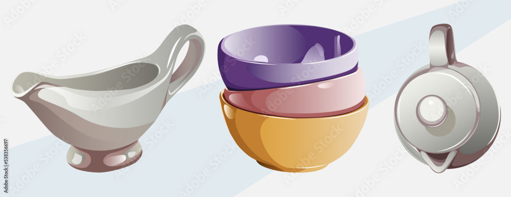 Set of kitchenware utensils for shops,design,cards,posters,cooks. Vector illustration of gravy boat,bunch stack of colorful plates bowls and kettle isolates on white blue background.
