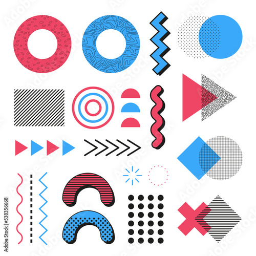 Memphis Elements. Bright and colorful elements. Set of elements for design. Red and Blue colors.