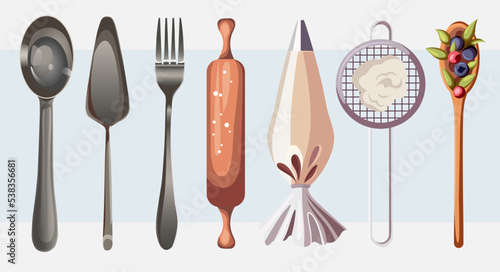Set of kitchenware like spoon,fork,spatula,rolling pin,pastry syringe,flour sieve.Vector illustration of kitchen utensils for shops,bakeries,confectionery,cafe,restaurants,design,cards,posters concept