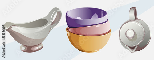Set of kitchenware utensils for shops,design,cards,posters,cooks. Vector illustration of gravy boat,bunch stack of colorful plates bowls and kettle isolates on white blue background.