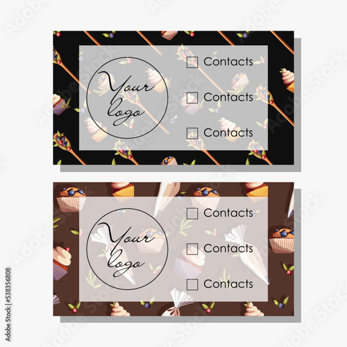 Set of templates cards for confectioners,flyers,posters,bakeries.Vector illustration of seamless pattern of kitchen utensils and pastry, white horizontal background and text Logo, contacts.Isolated