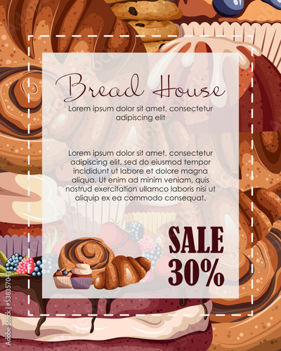 Template A4 poster for bakeries, cafe, restaurants, shops, banners, flyers. Vector illustration of white copy-space with text and white frame on brown pattern with different pastry.