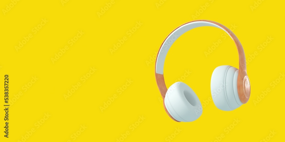White headphone with light wood stem on yellow background wallpaper banner. Place for text, mockup, composition, copy space. 3d illustration. Minimal concept. White headphone with light wood stem on yellow background wallpaper banner. Place for text, mockup, composition, copy space. 3d illustration. Minimal concept.