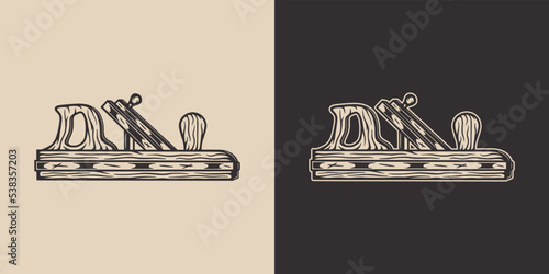 Vintage retro mechanic woodwork planer. Can be used like emblem, logo, badge, label. mark, poster or print. Monochrome Graphic Art. Vector. Hand drawn element in engraving