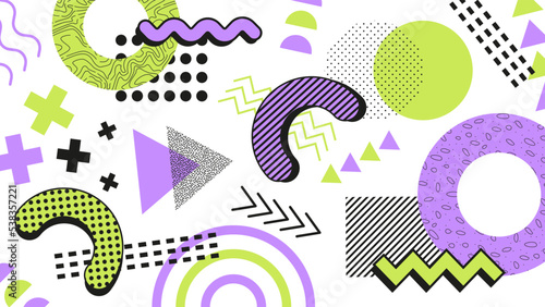 Memphis Elements. Abstract background. Desktop wallpaper. Green and purple colors.