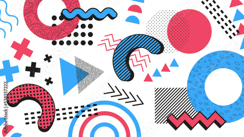 Memphis Elements. Abstract background. Desktop wallpaper. Red and blue colors.