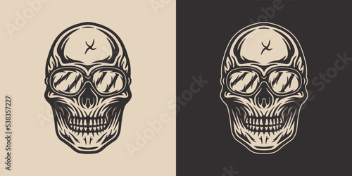 Vintage retro mechanic woodwork skull. Can be used like emblem, logo, badge, label. mark, poster or print. Monochrome Graphic Art. Vector. Hand drawn element in engraving