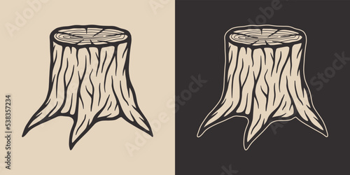 Vintage retro mechanic woodwork stump. Can be used like emblem, logo, badge, label. mark, poster or print. Monochrome Graphic Art. Hand drawn element in engraving