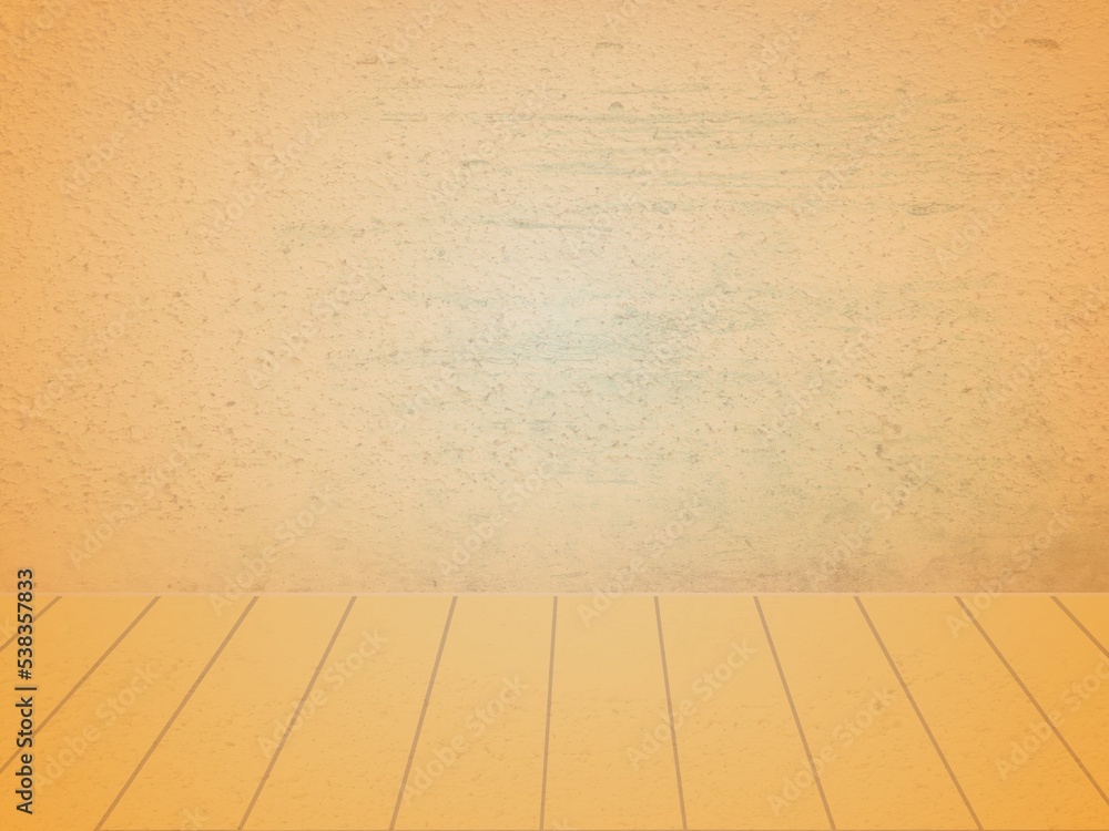 Fototapeta premium Light orange wallpaper with wooden floor texture 