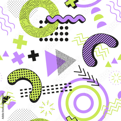 Seamless abstract Pattern. Memphis Elements Texture. Green and purple colors.