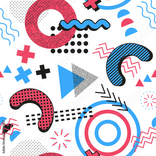 Seamless abstract Pattern. Memphis Elements Texture. Red and blue colors.