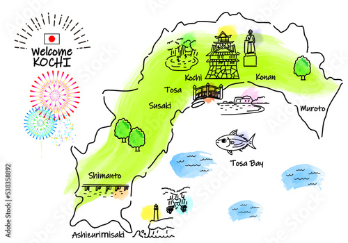 高知県の観光地のシンプル線画イラストマップ