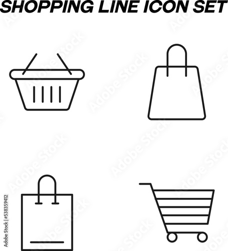 Minimalistic outline signs drawn in flat style. Editable stroke. Vector line icon set with symbols of shopping basket, bag, cart