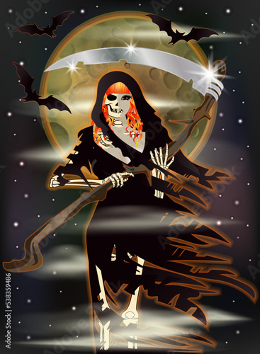 Redhair Lady Grim Reaper, halloween invitation card vector illustration