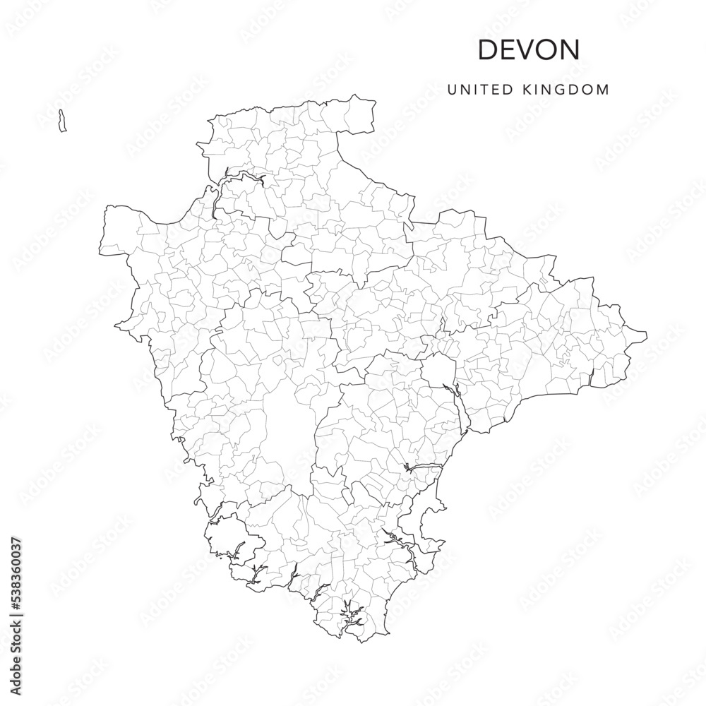 Administrative Map of Devon with Counties, Districts and Civil Parishes as of 2022 - United Kingdom, England - Vector Map